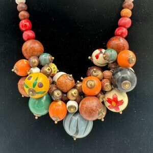 Wooden Bead Statement Necklace – Multicolor Cluster Choker 18 3/4”